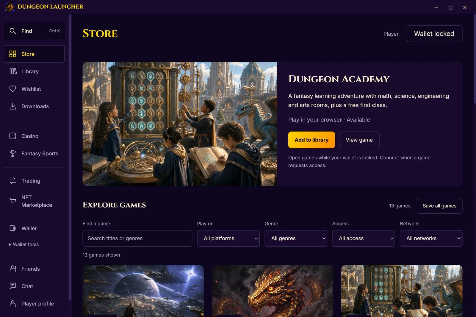 The library view listing saved Dungeon games with Play buttons